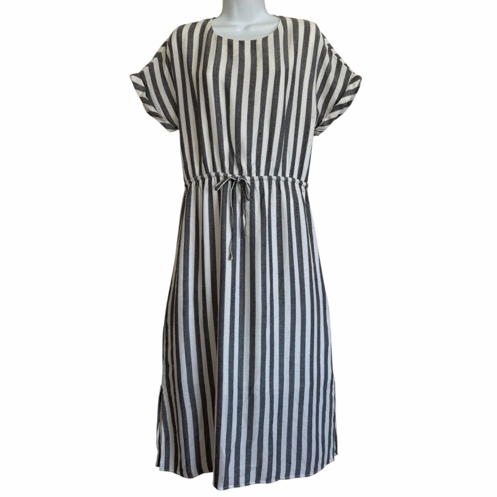Gibson Latimer White Gray Vertical Striped Dress Size Medium Casual Coastal